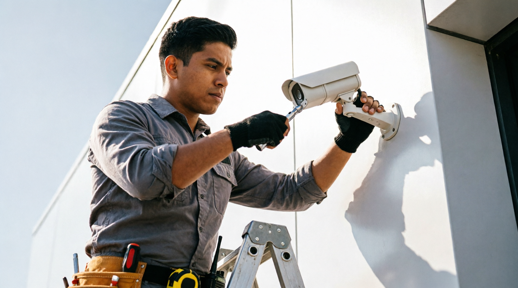 Técnico instalando cámara de videovigilancia CCTV