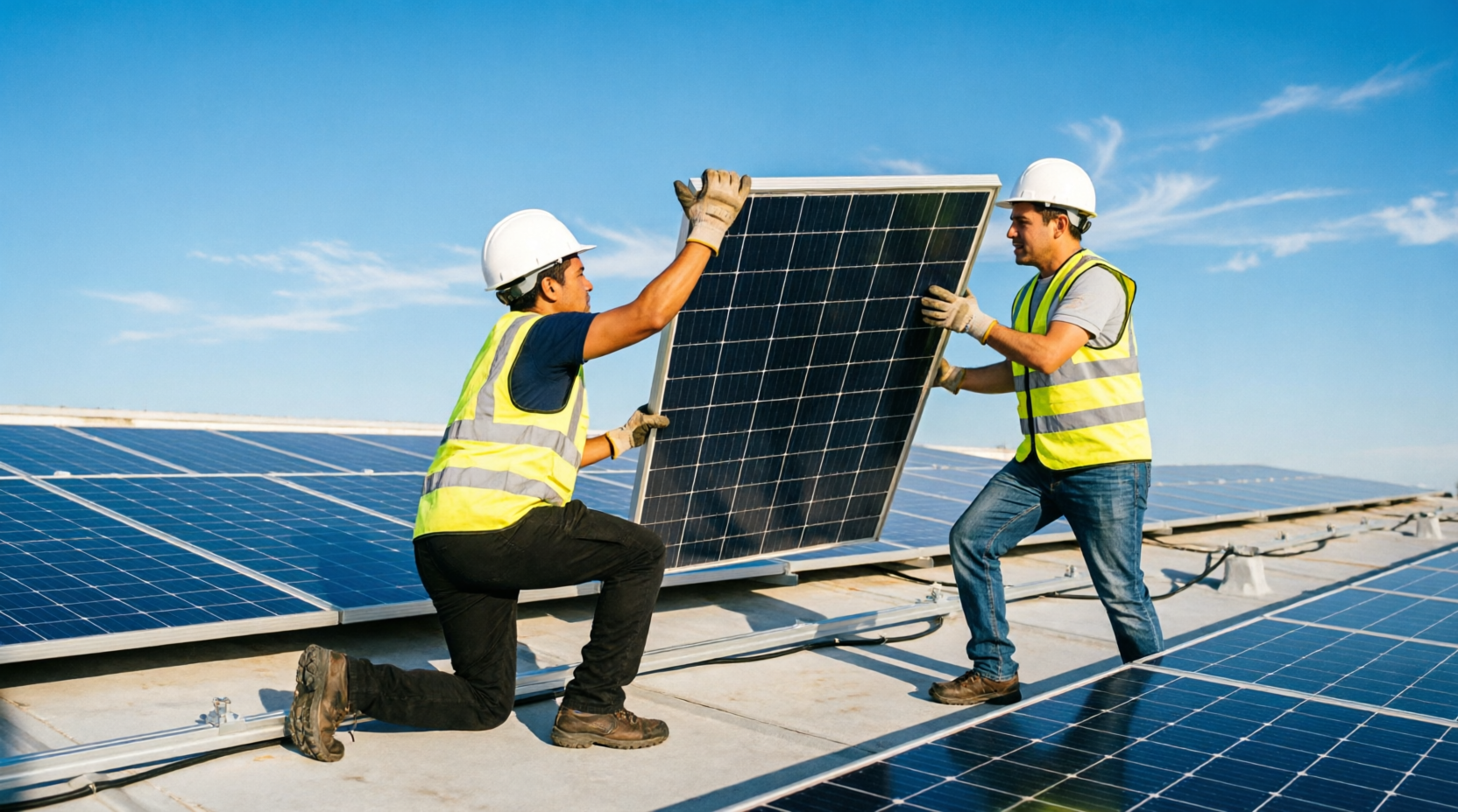 Técnicos instalando paneles solares fotovoltaicos